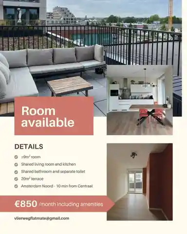 9m2 room zu vermieten für 850€/Monat in Vlierweg, Amsterdam