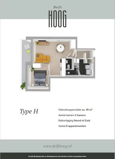 45m2 apartment zur Miete für 1026€/Monat in Martinus Nijhofflaan 2M-8, Delft