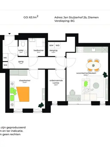 63m2 apartment to rent for 1280€/month in Jan Sluijtershof 2B, Diemen